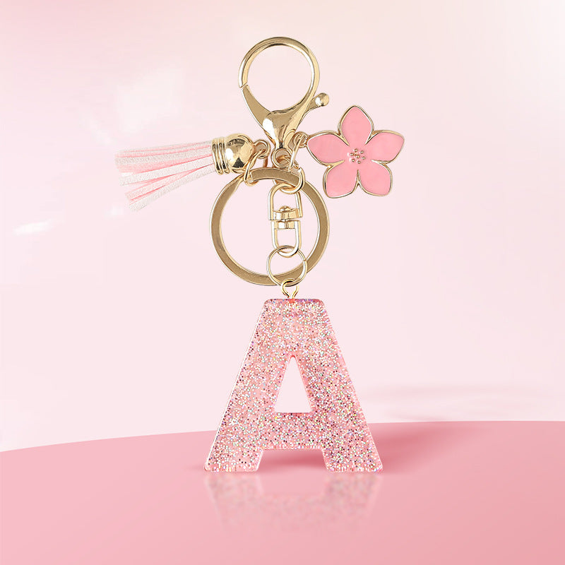 Wholesale Pink 26 letter Sparkling Pink Flower Tassel Keychain