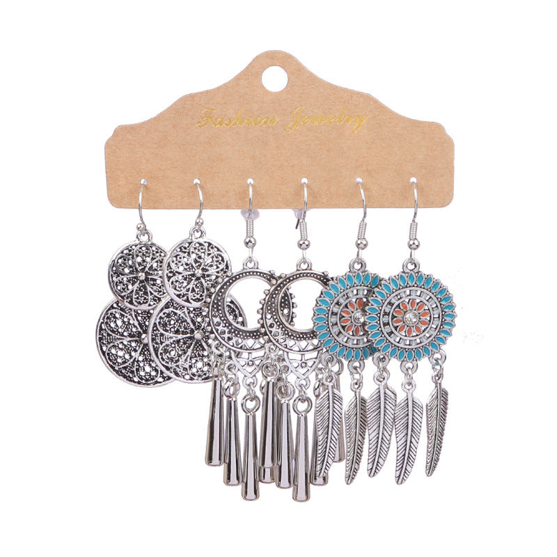 Wholesale Vintage Distressed Geometric Tassel Flower Earrings Set