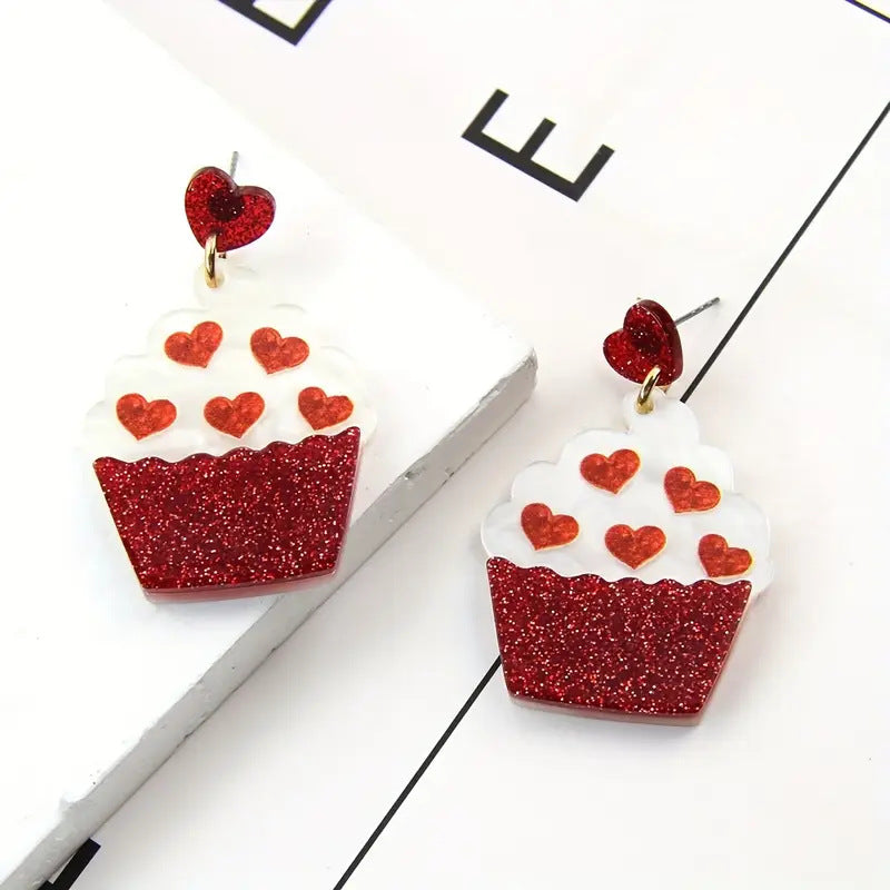 Wholesale  Cake Blingbling Heart Earrings Acrylic Splicing Red Peach Heart Mirror Earrings