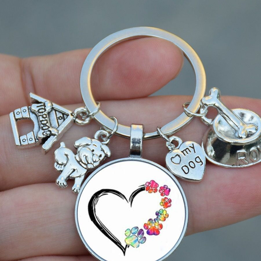 Wholesale 5pcs Dog Bowl Love My Dog Time Gemstone Keychain Pet Lover Key