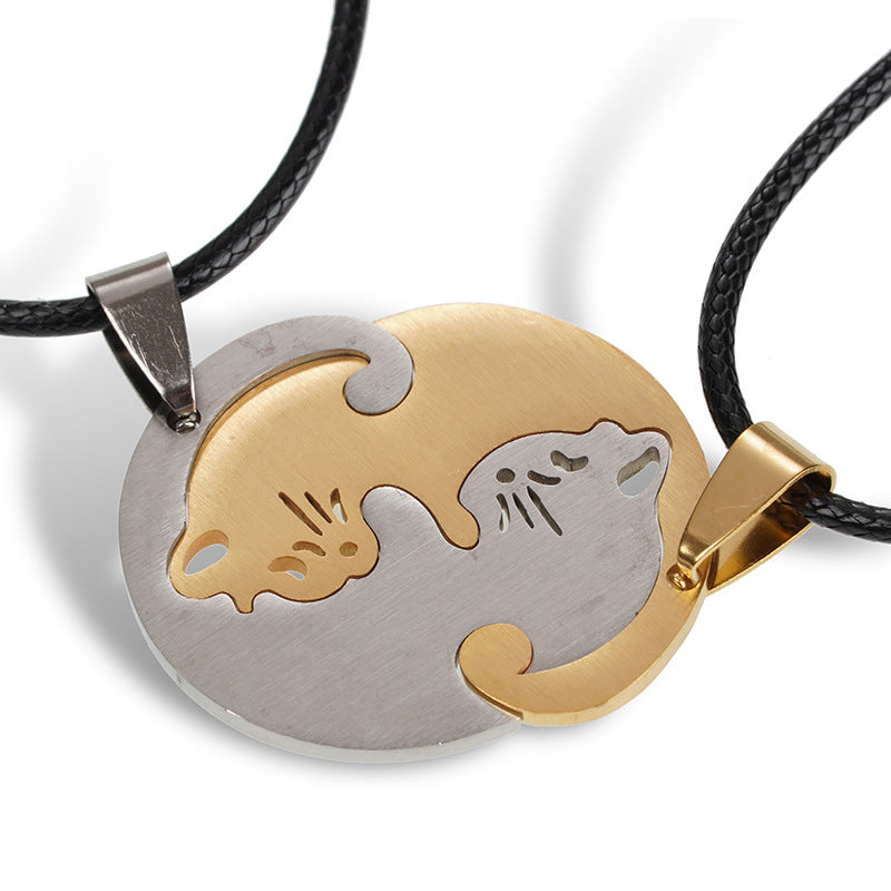 Wholesale A variety of stainless steel black and white cat pendant lovers necklace creative hug shape stitching Valentine's Day