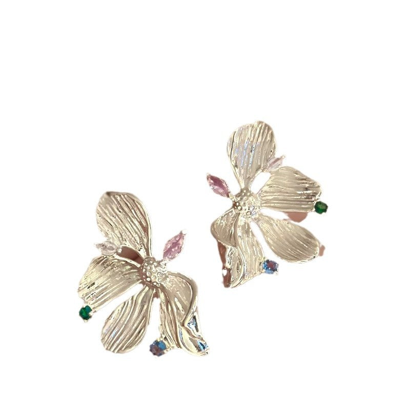 Wholesale Gold-plated Color Zircon Metal Flower Earrings