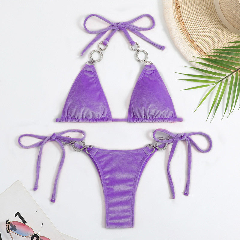 Wholesale Two-piece solid color crystal diamond swimsuit