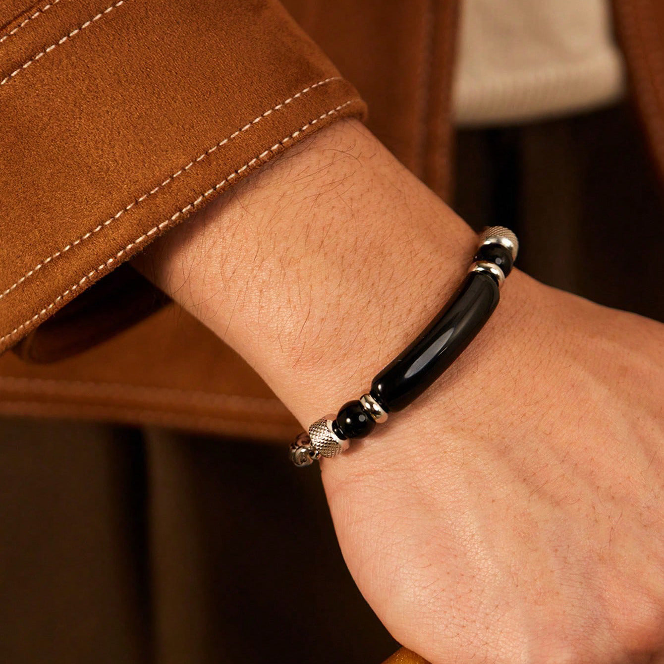 Wholesale Tiger Eye Stone Round Grinding Stainless Steel Black Stone Cuban Chain