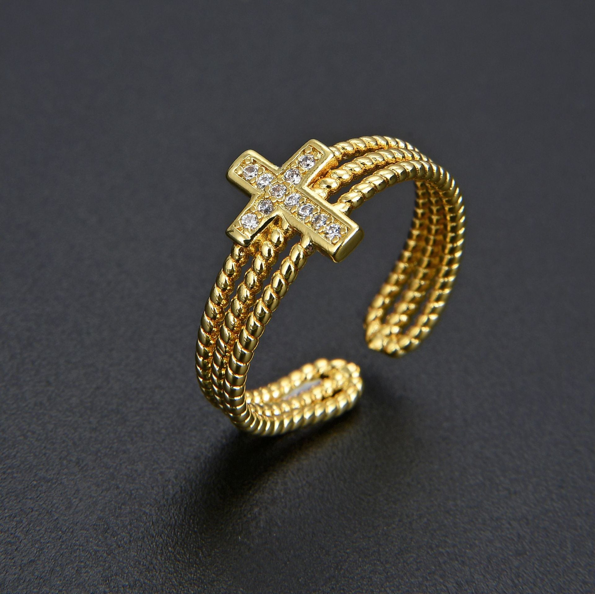 Wholesale Multi-layered Diamond Zircon Cross Open Adjustable Ring