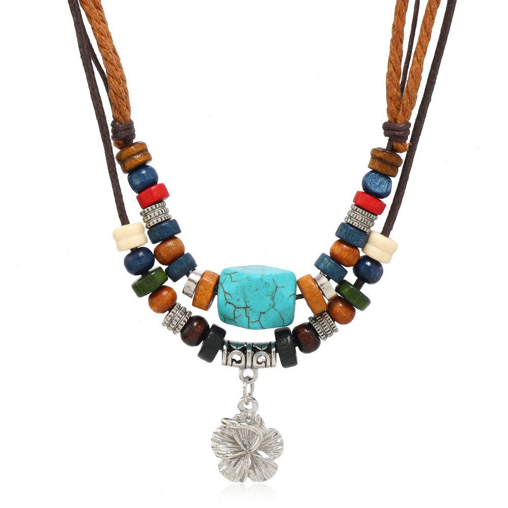 Wholesale retro butterfly alloy multi-layer wooden beads knotted hand-woven necklace jewelry