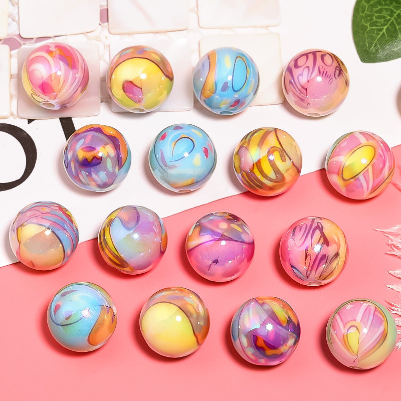 Wholesale 100pcs Graffiti Printed Acrylic UV Plated Colored Round Beads