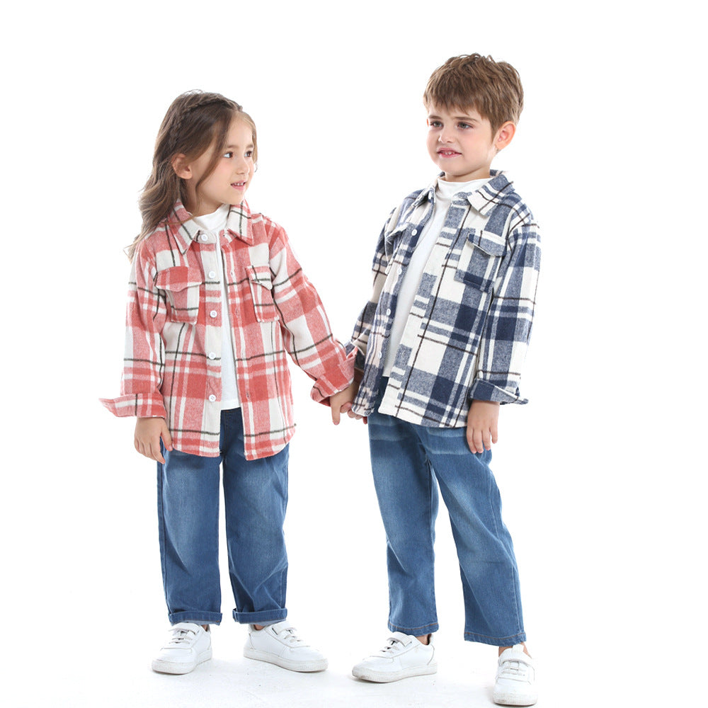 Wholesale Children's Cotton Multi-color Patchwork Plaid Shirt Long Sleeved Top