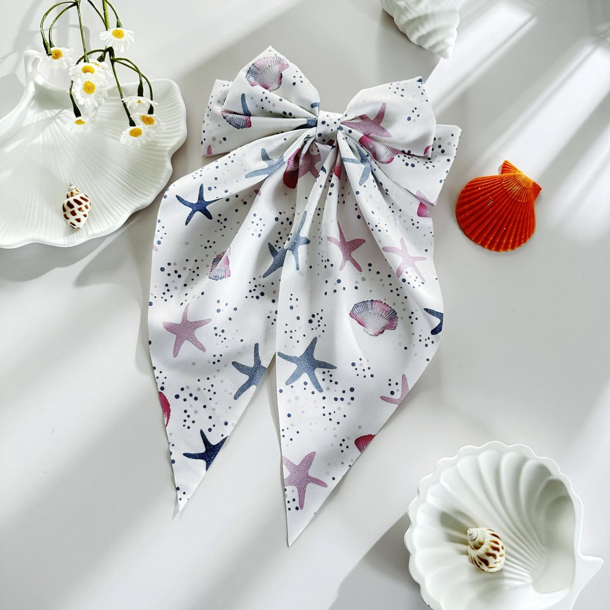 Wholesale Summer beach hair clip with starfish and seashell print  long ribbon bow