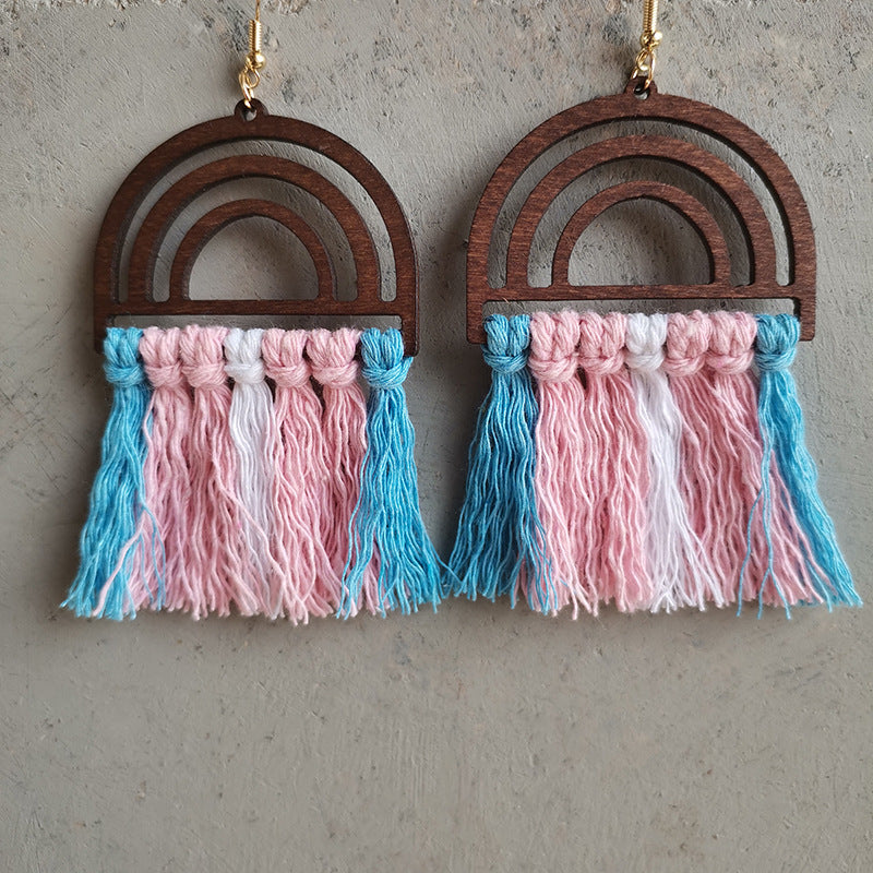 Wholesale LGBT Handwoven Wooden Rainbow Tassel Earrings