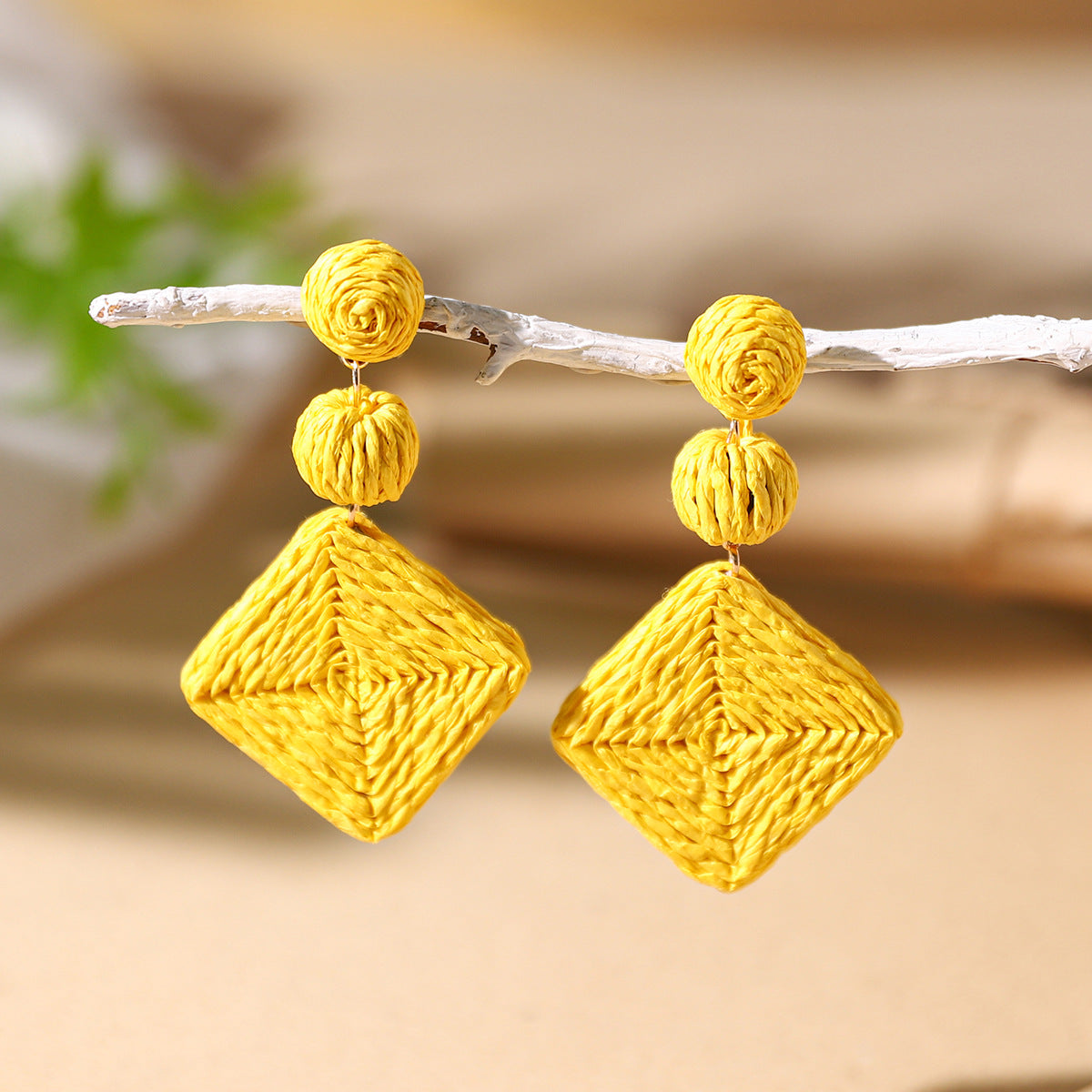 Wholesale Bohemian Diamond Shaped Rattan Braided Earrings