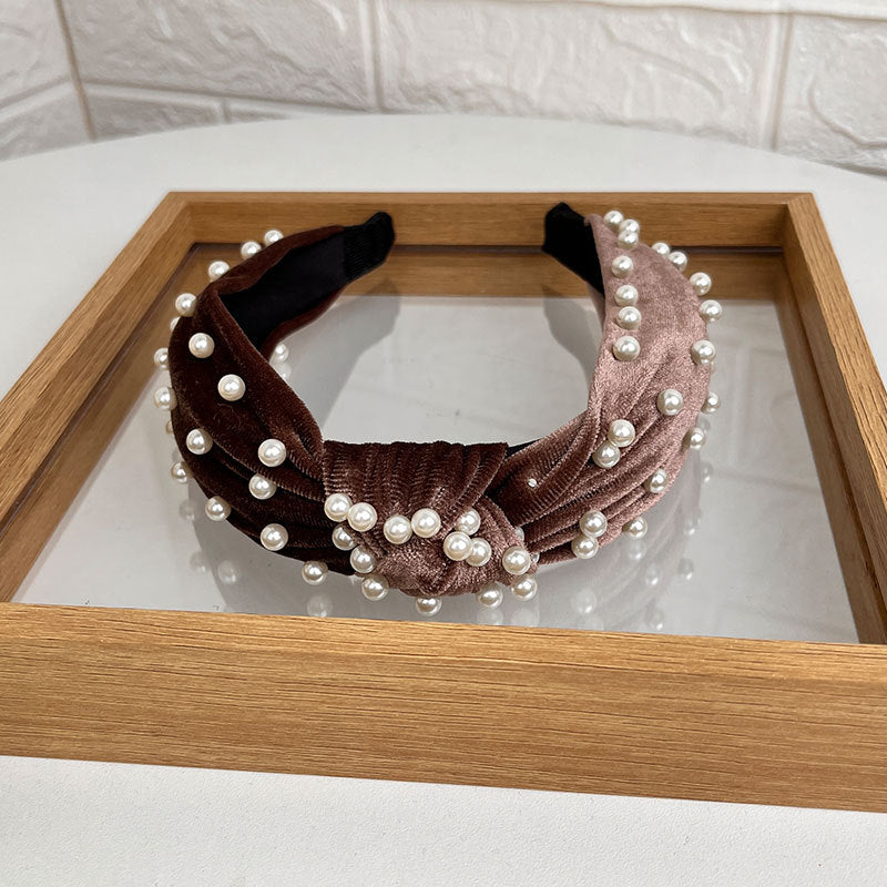 Wholesale Gold Velvet Fabric Beaded Knotted Headband