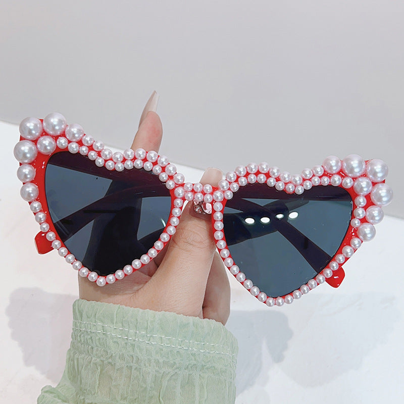 Wholesale PC Large Frame Inlaid with Pearl Heart Women's UV Resistant Sunglasses