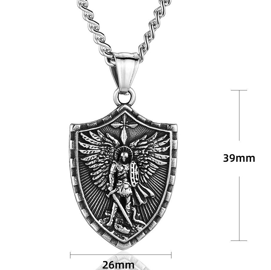Wholesale Golden Stainless Steel Sword Wielding Warrior Angel Shield Men' s Necklace