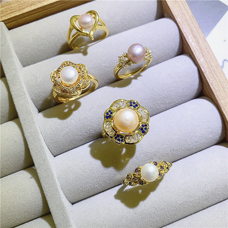 Wholesale 5PCS Natural Freshwater Pearl Zircon Micropaved Open Ring