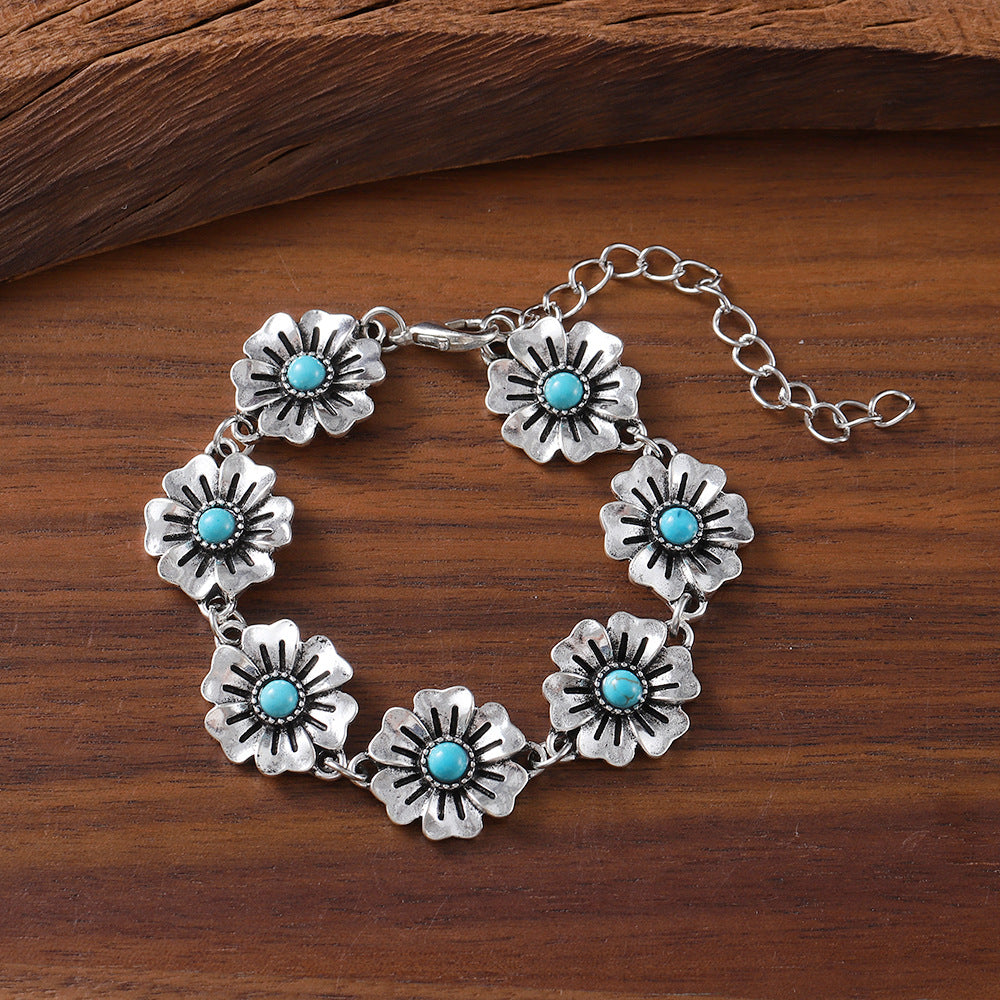 Wholesale Retro Floral Turquoise Bracelet And Earrings Set Zinc Alloy Fashion Jewelry Gift For Party Wear