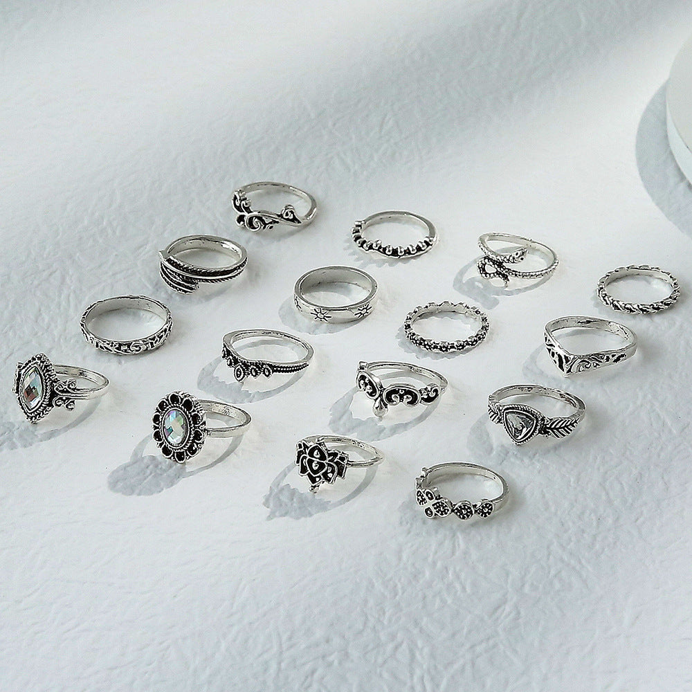 Wholesale 16pcs Retro Exaggerated Hollow Carved Snake Feather Gemstone Ring