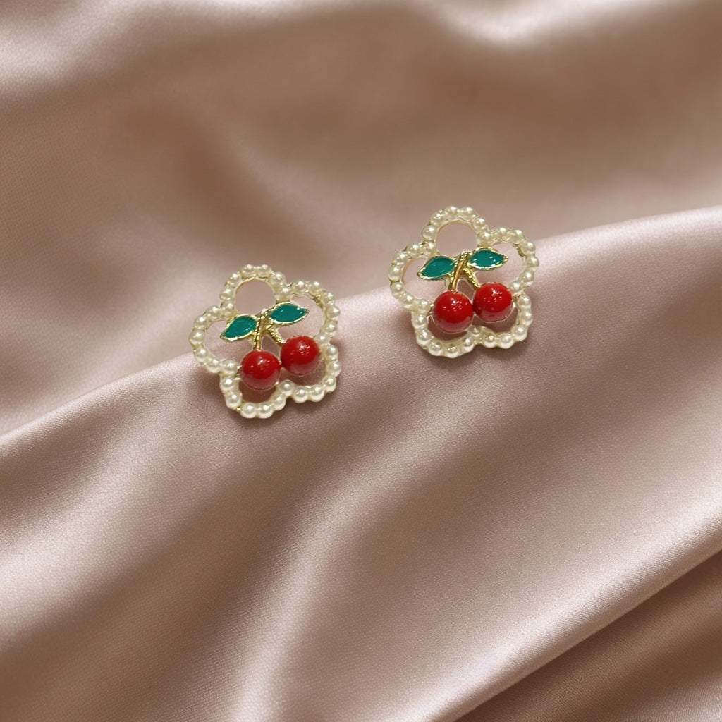 Wholesale Cute Red Cherry Pearl Flower Earrings
