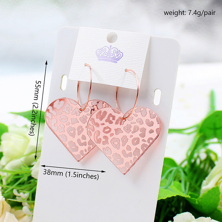 Wholesale Valentine's Day Leopard Print Carved Rose Gold Mirrored Heart-shaped Acrylic Earrings