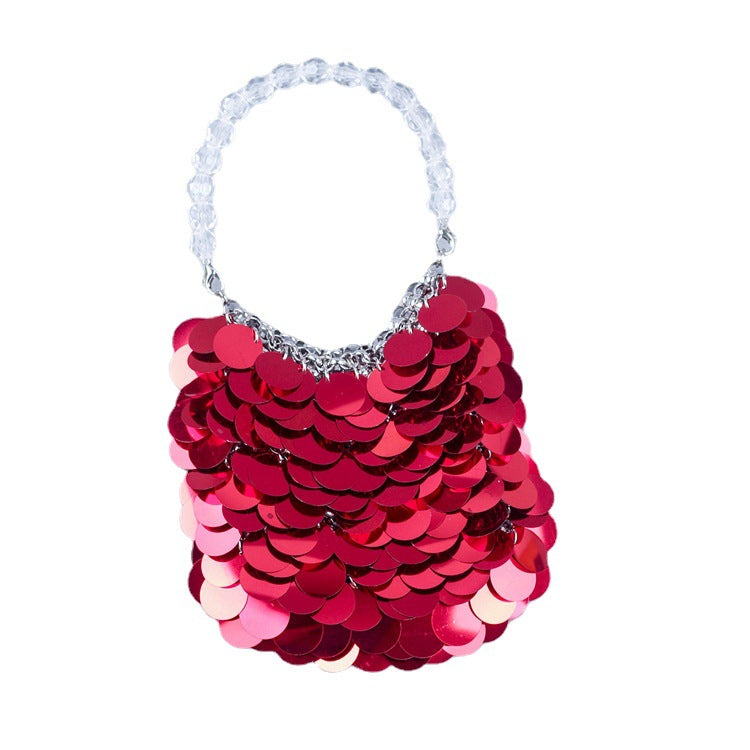 Wholesale Handmade bright red sequined beaded woven handbag shiny mobile phone bag banquet bag