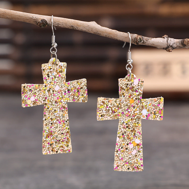 Wholesale Sequin Cross Leather Earrings