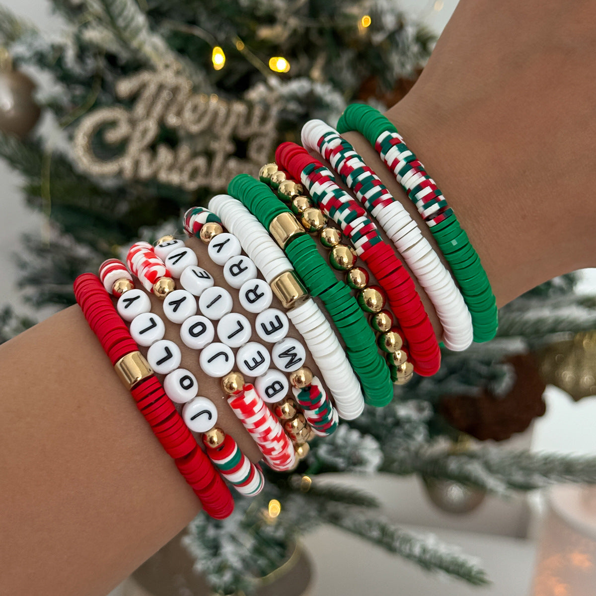 Wholesale Christmas Color-Blocked Polymer Clay Letter Clay Bead Necklaces