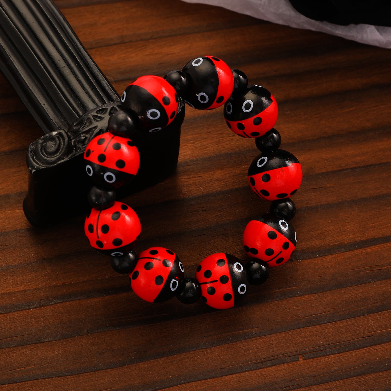 Wholesale Seven-spotted ladybug-shaped printed wooden bead bracelet