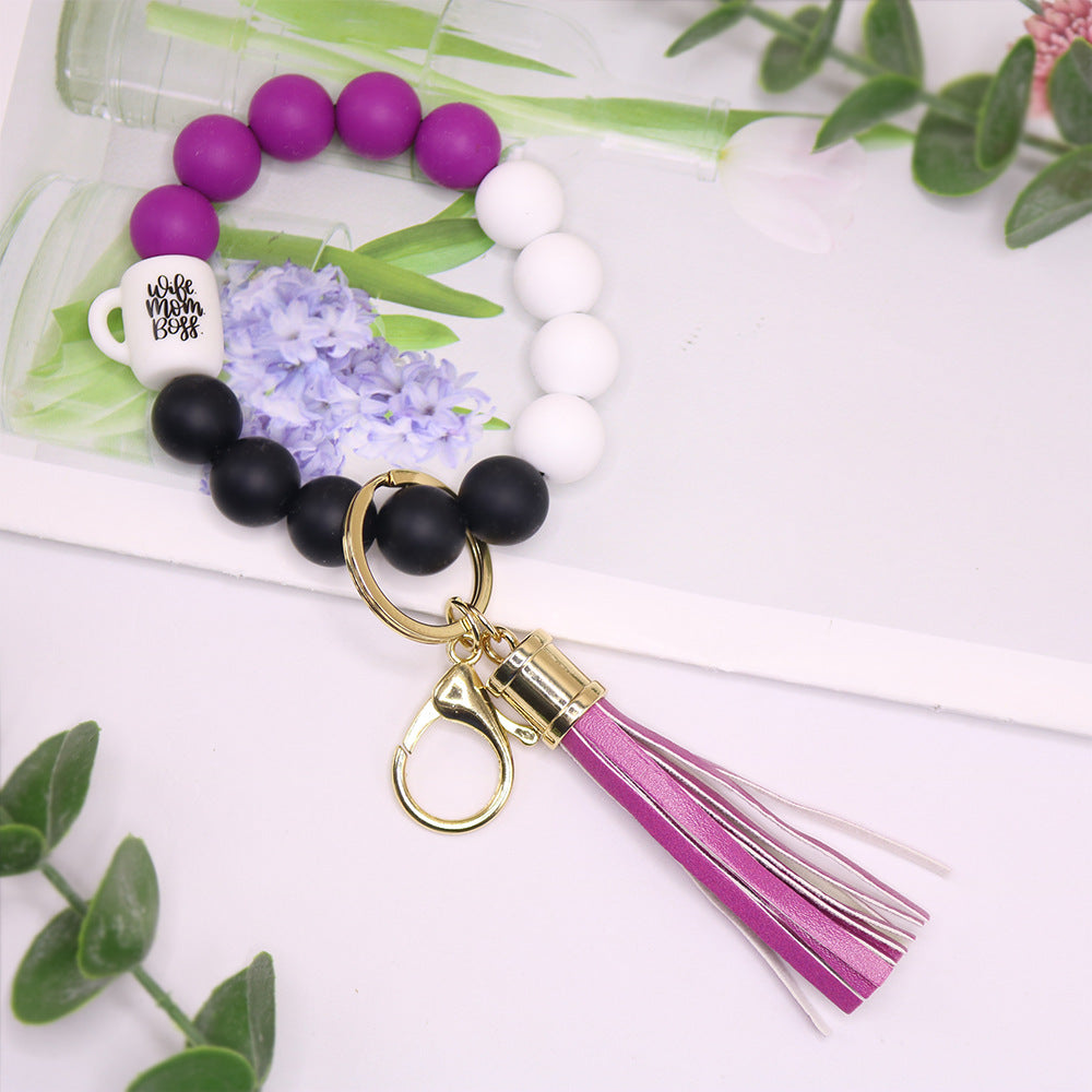 Wholesale MoM Coffee Cup Silicone Beaded Wrist Keychain