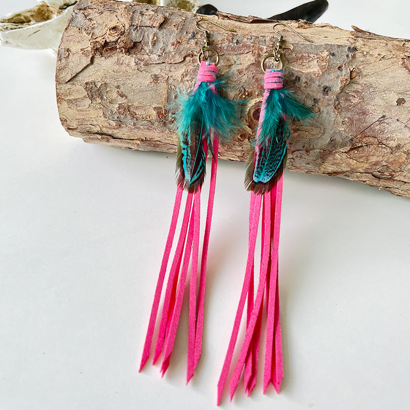 Wholesale Exaggerated Tassel Bohemian Western Style Retro Cortex Earrings Multicolor 2 in a pack