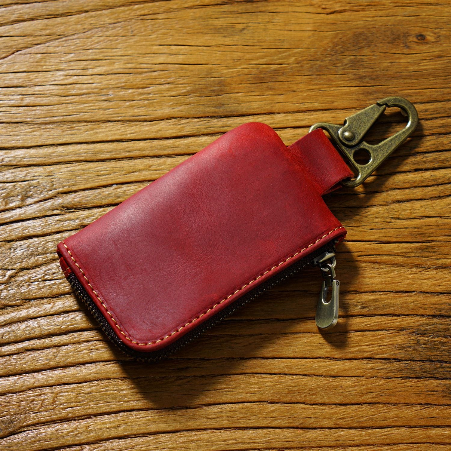 Wholesale Cowhide Waist Hanging Portable Zipper Storage Bag Leather Keychain