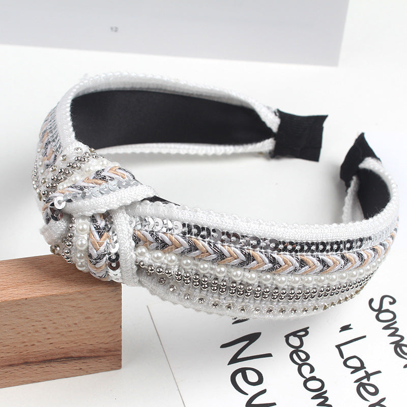 Wholesale Korea Studded Pearl Sequins National Pneumatic Drill Wide-brimmed Knot Hairband