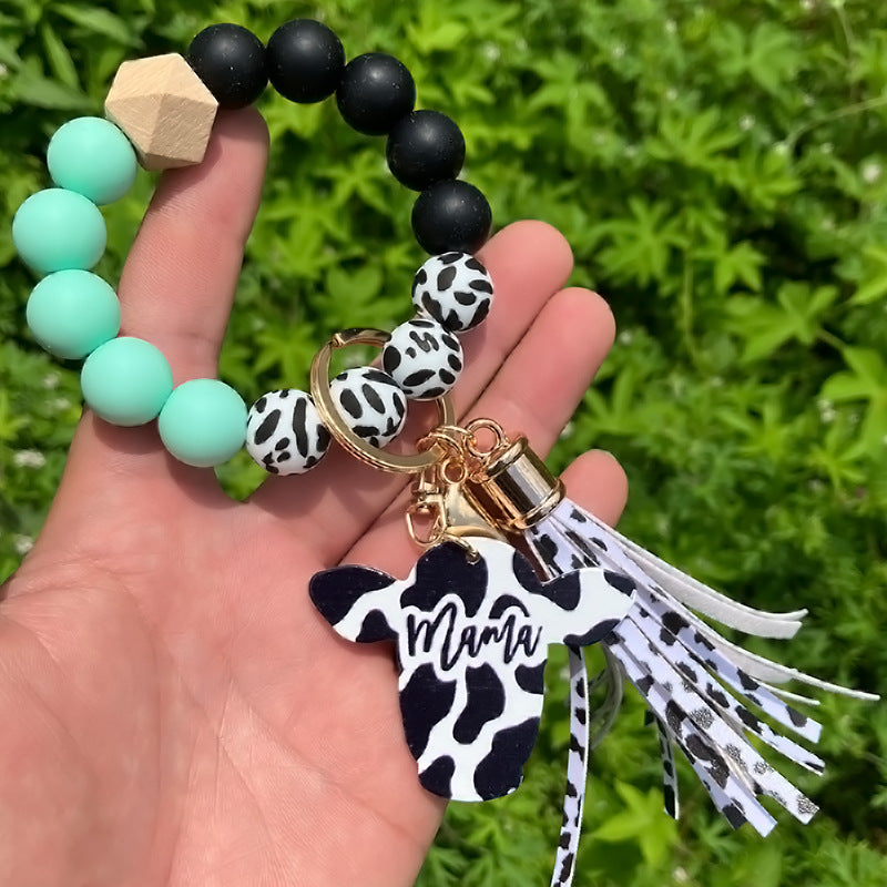 Wholesale Western Style Leopard Print Silicone Bead Bracelet Keychain