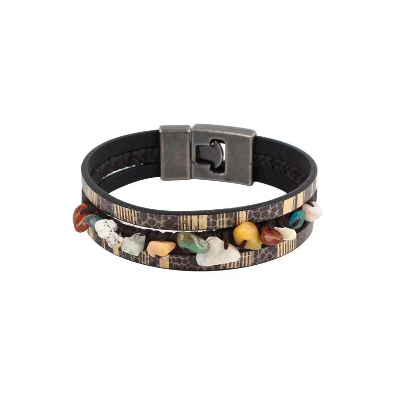 Wholesale Hand-woven natural stone multi-layered leather bracelet