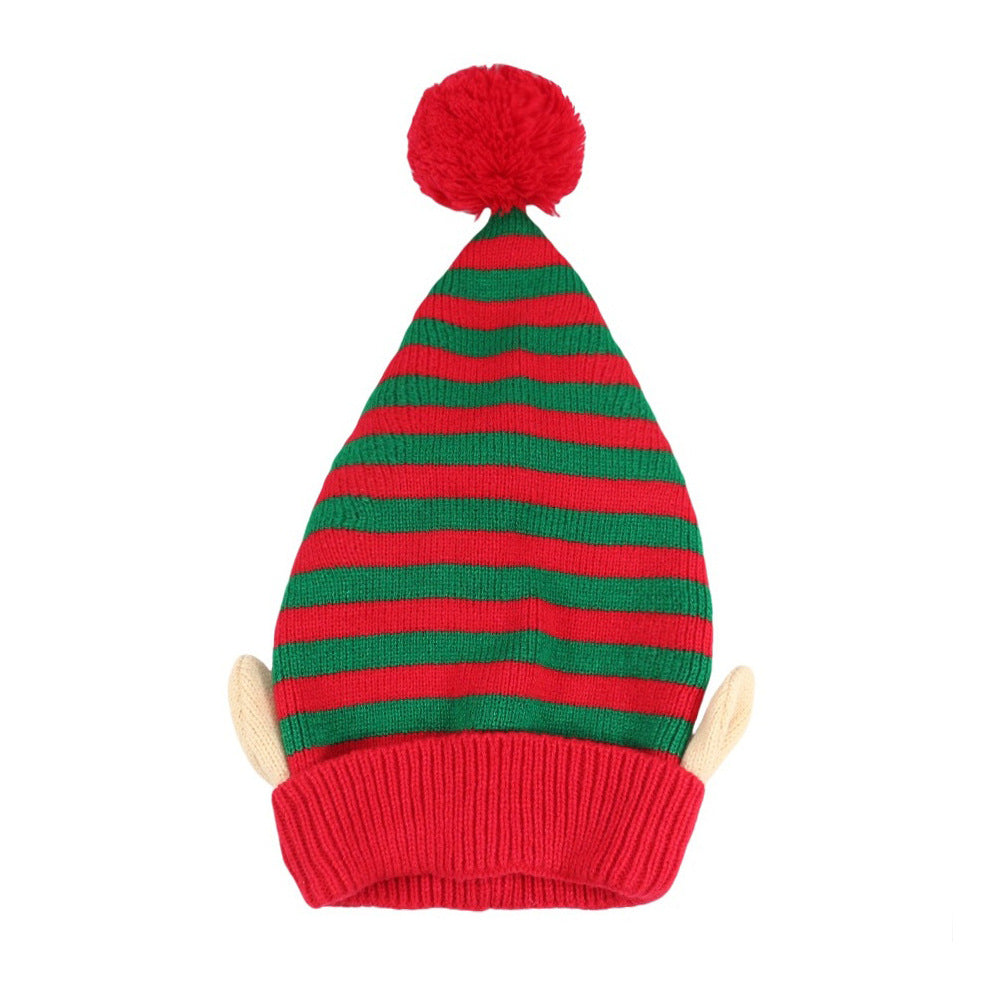 Wholesale Striped Christmas hat with small ears and jacquard pom-pom festive knit hat