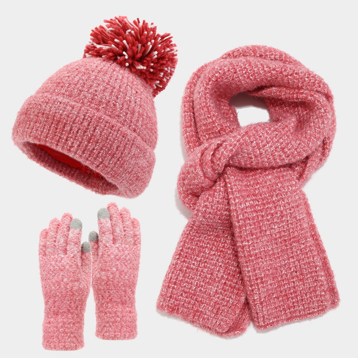 Wholesale Coarse Grain Big Fur Ball Hat Set Autumn and Winter Thick Warm Simple Cold-proof Three-piece Set