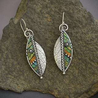 Wholesale Brocade Iridescent Green Leaf Zigzag Artificial Wood Leaf Earrings