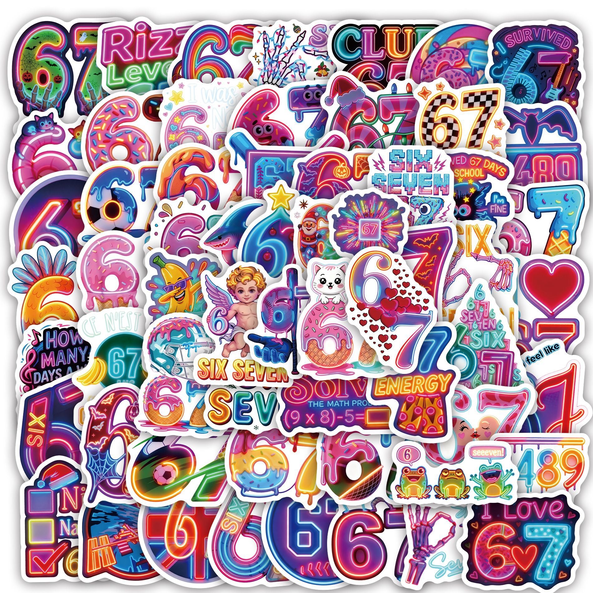 Wholesale 60pcs Colorful neon numbers 67 Waterproof Vinyl Stickers