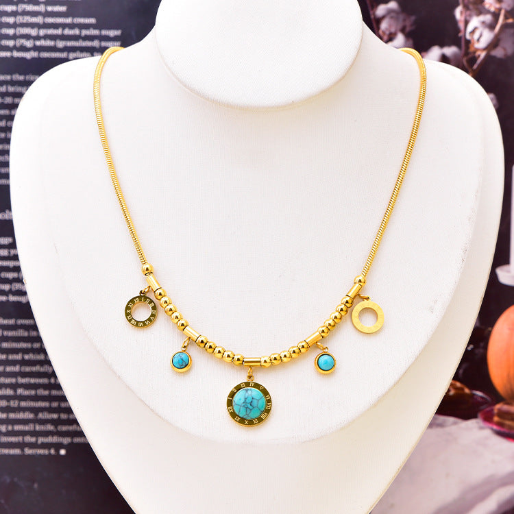 Wholesale Round Tube Five-pointed Star Necklace Turquoise Clavicle Pendant Long Tassel Earrings Bracelet Set