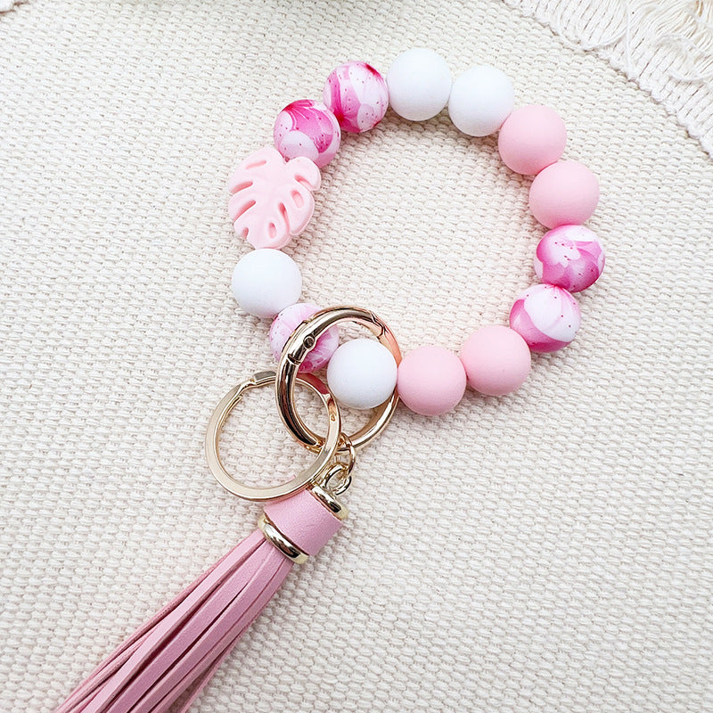 Wholesale leaf silicone printing silicone beaded tassel Wrist keychain
