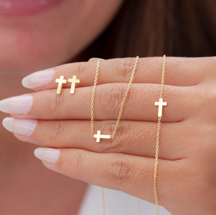 Wholesale Simple niche design cross earrings bracelet necklace set
