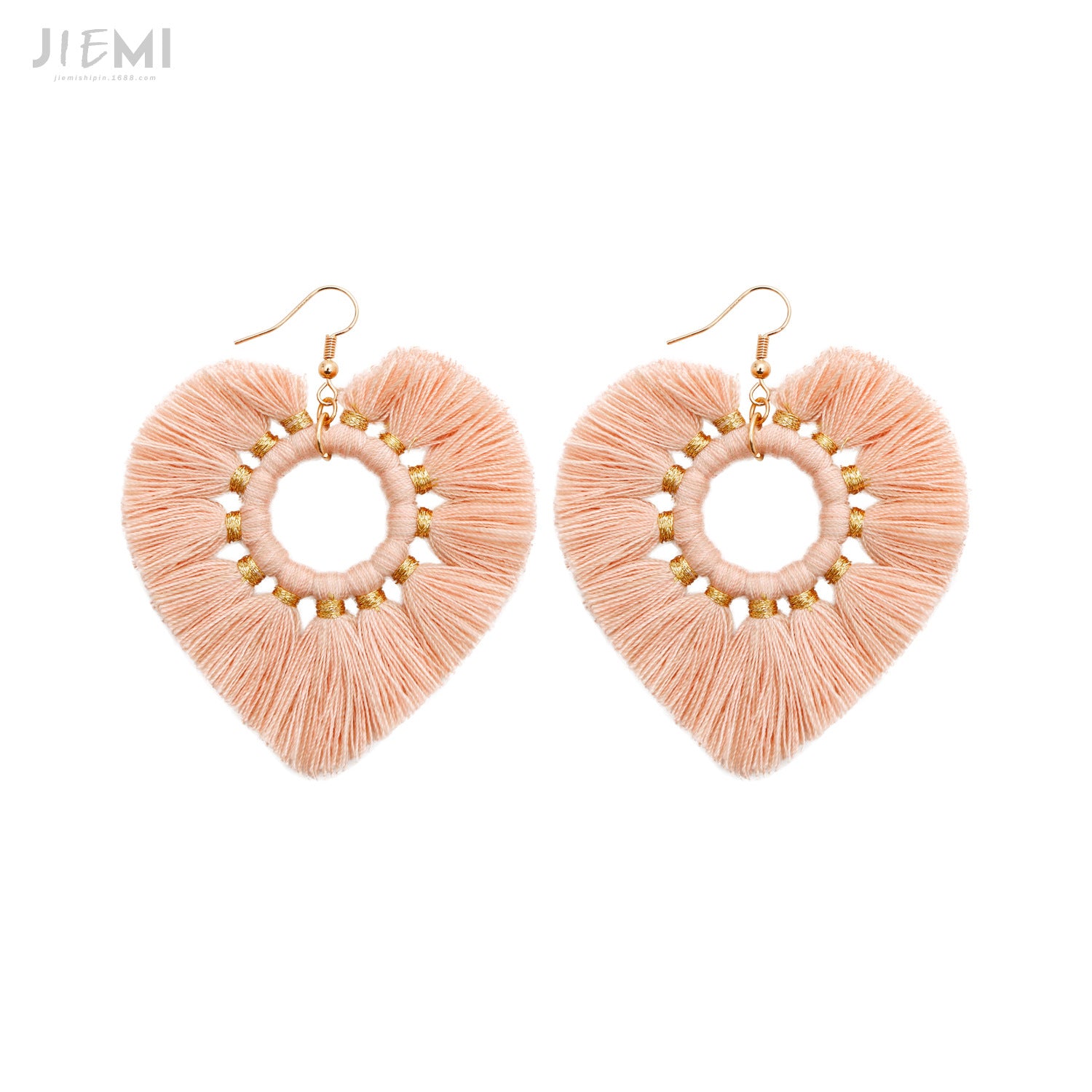 Wholesale Valentine's Day Cotton Thread Peach Heart Tassel Earrings