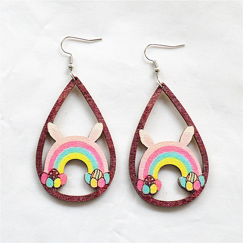 Wholesale Water droplet hollow leopard print Easter wooden earrings