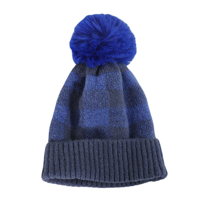 Wholesale Cold-proof Black and Red Plaid Knitted Hat with Ear Protection Wool Ball Beanie