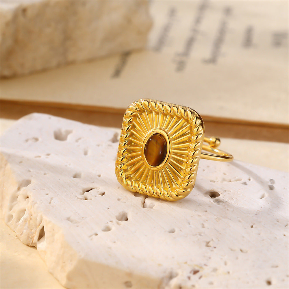 Wholesale 18K Gold Plated Square Turquoise Blue Ring Women S French Vintage Court Style Fashion Accessory