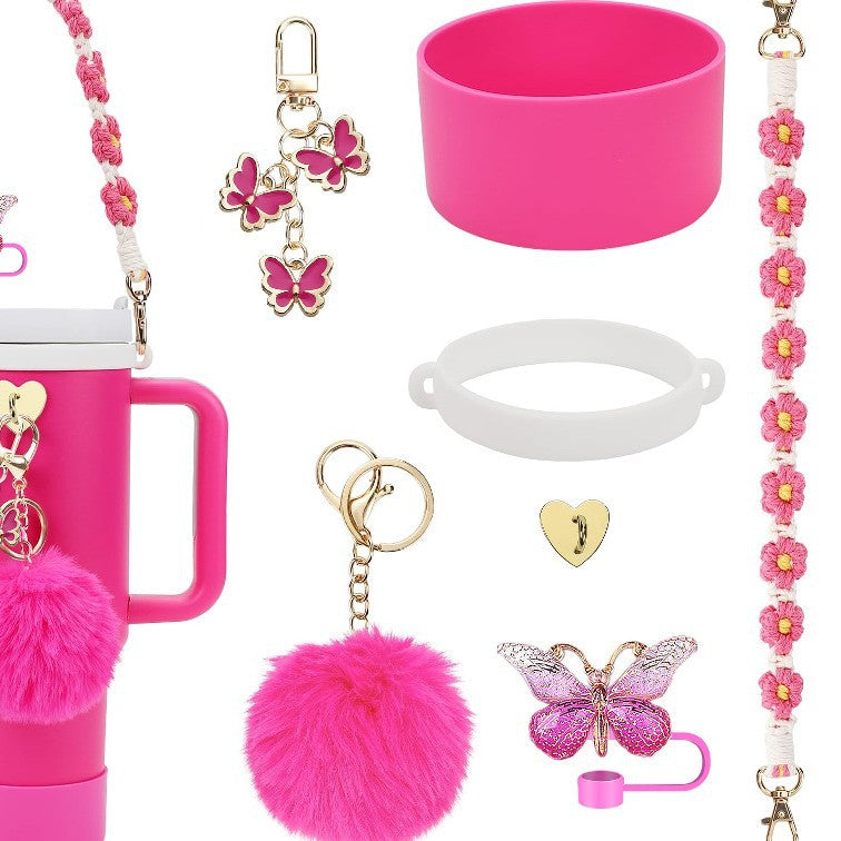 Wholesale Straw hat cup set cup chain colorful begonia flower key chain set