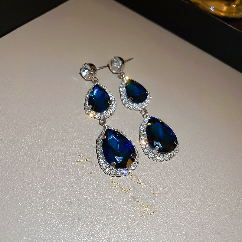 Wholesale Silver Needle Teardrop Diamond Sapphire Blue Earrings and Necklace Set