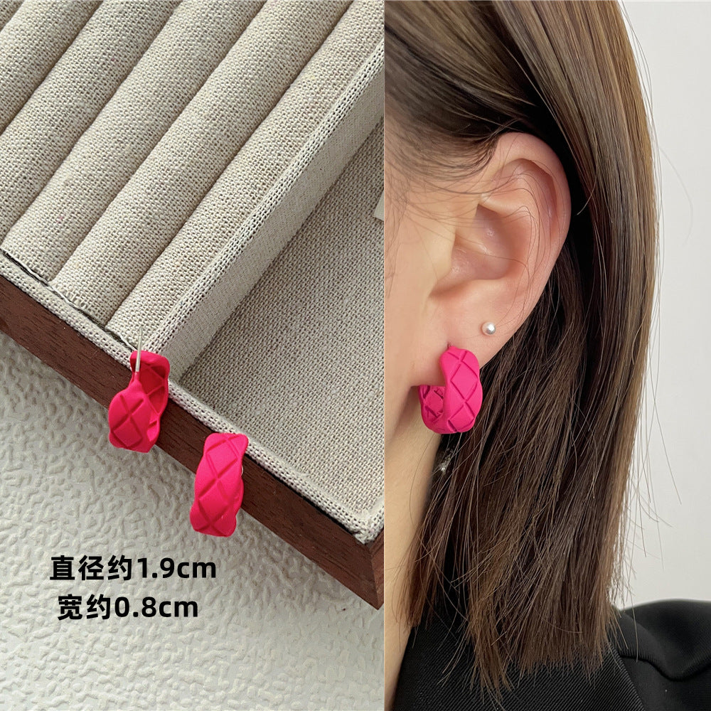Wholesale Candy Colored Geometric Square Circles C-shaped Rose Red Alloy Earring