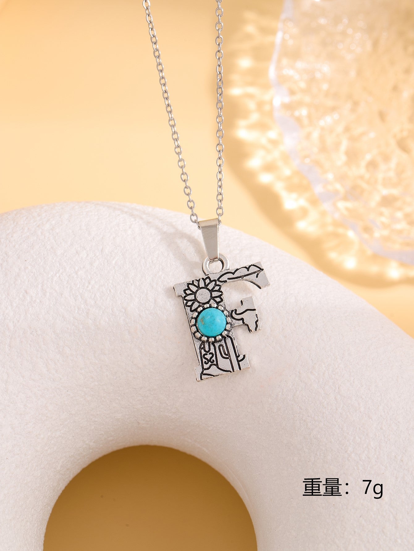 Wholesale Western stainless steel chain cactus turquoise letter necklace