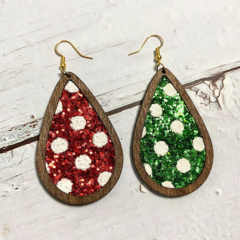 Wholesale Christmas Sparkling Wave Point Wooden Inlaid Leather Classic Water Drop Earrings