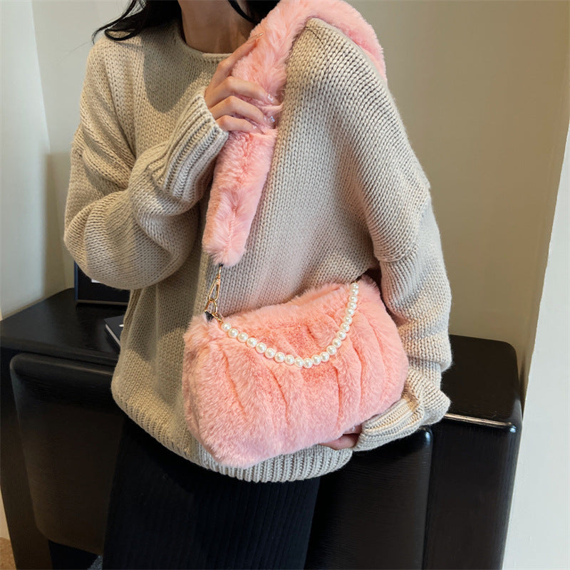 Wholesale Autumn and Winter Plush Bag Pearl Chain Shoulder Bag